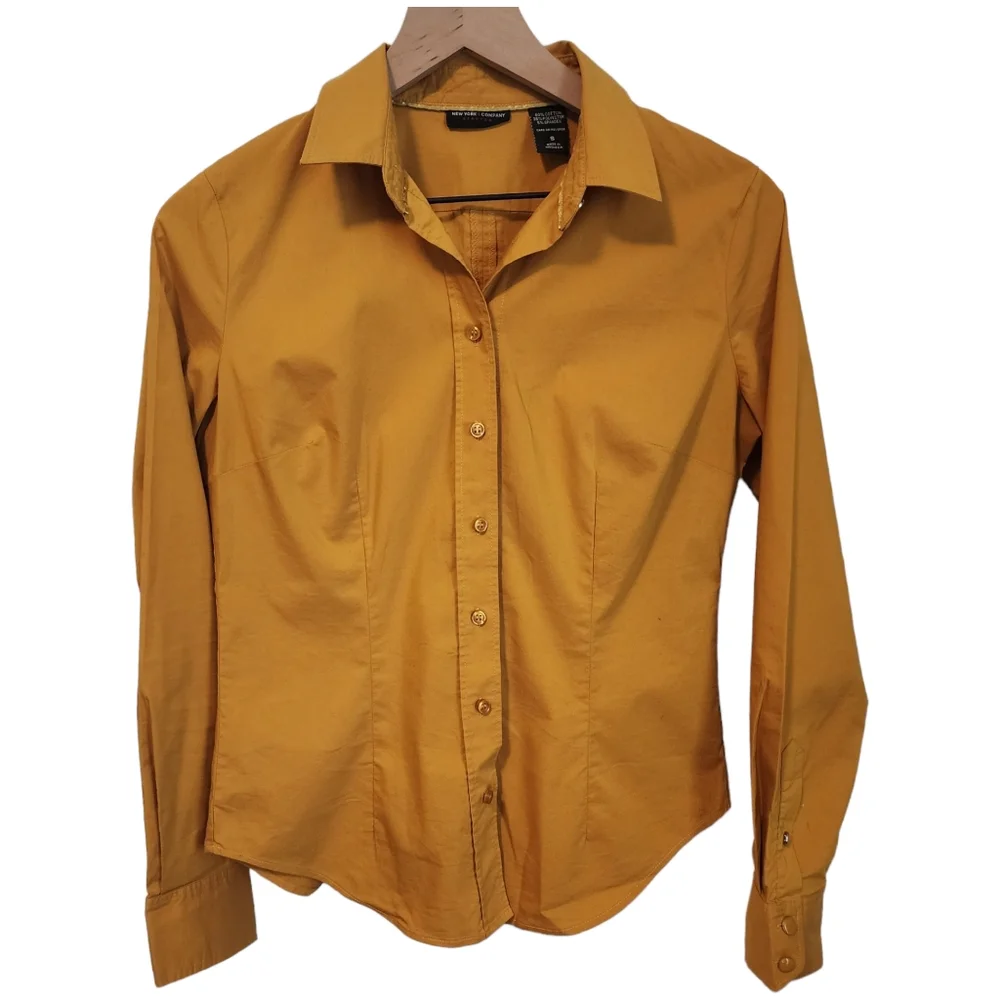 EUC New York & Company Mustard Yellow Fitted Button Up Blouse_9